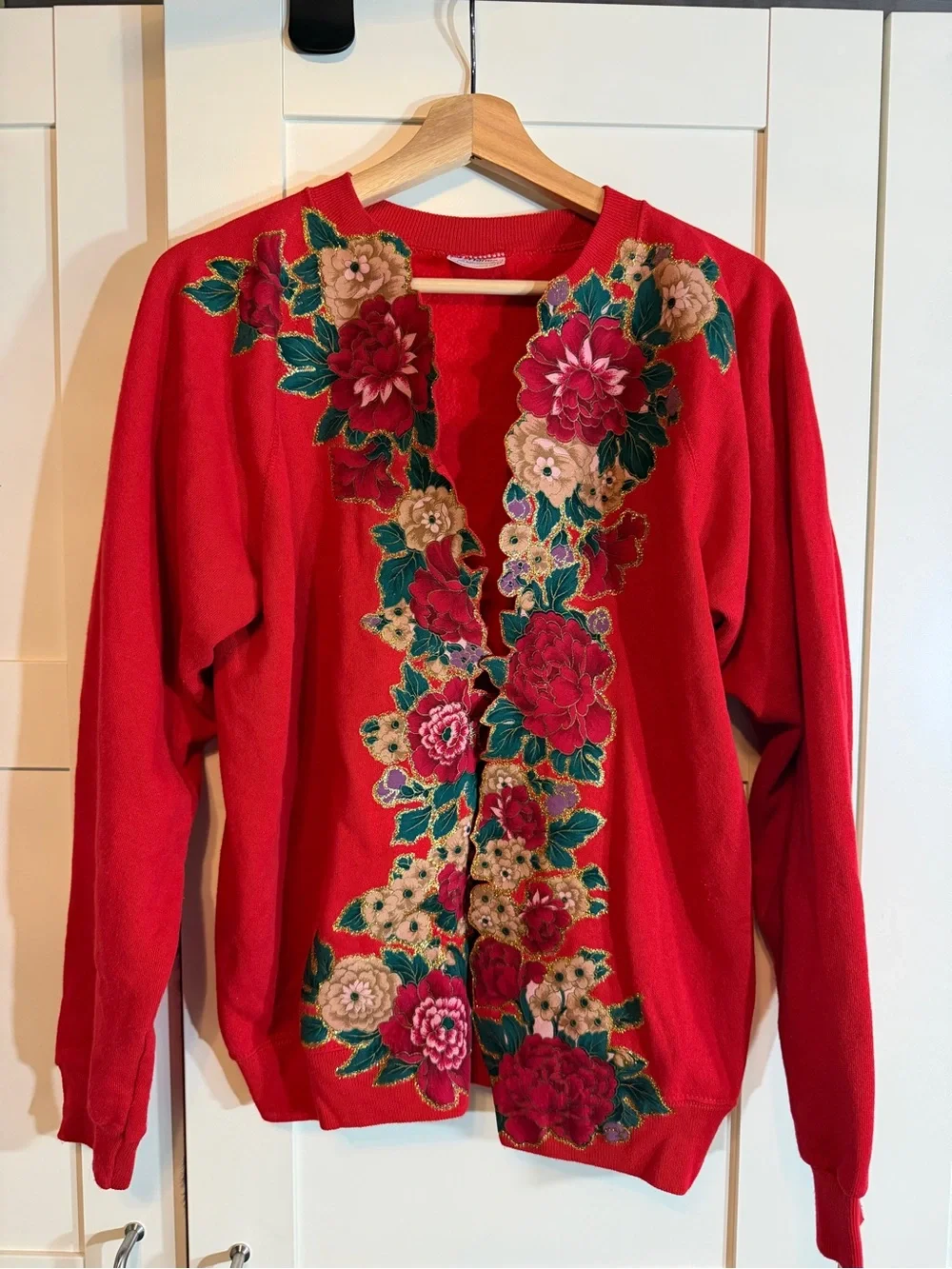 Hanes Red Cardigan Sweater with Floral Embroidery